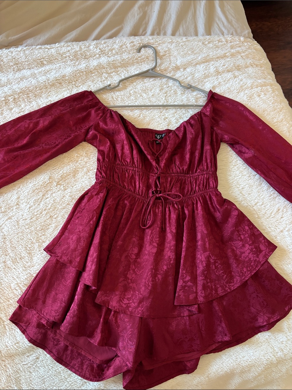Windsor Burgundy Off-Shoulder Tiered Romper M